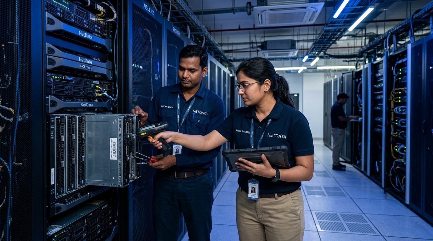 Indian IT systems engineers performing secure server decommissioning and data sanitization in enterprise data center